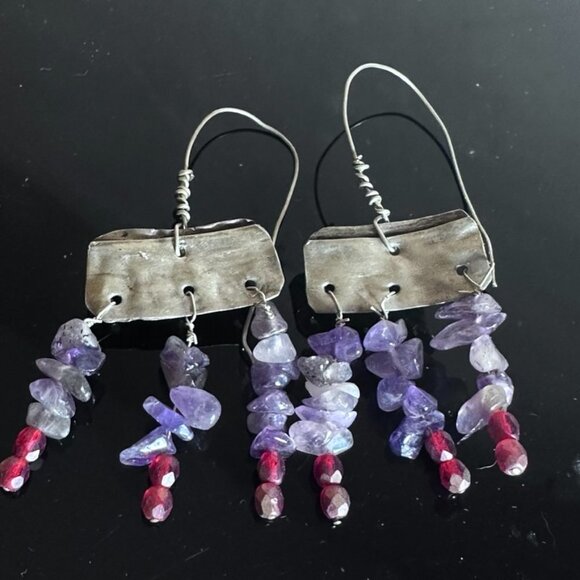 Amethyst Gemstone Purple Sterling Silver 925 Earrings Handmade Rustic Scrap - Picture 9 of 9